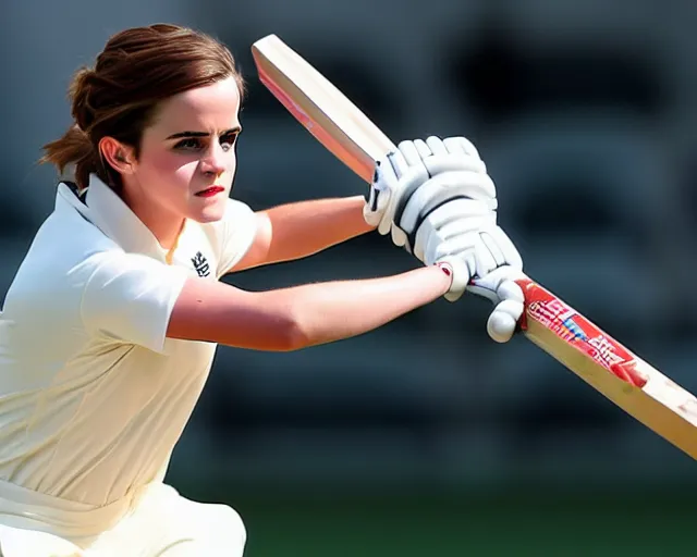 Prompt: emma watson opens the batting for england at lord's cricket ground, photograph, 1 8 0 mm, sports photography, bokeh, dramatic,