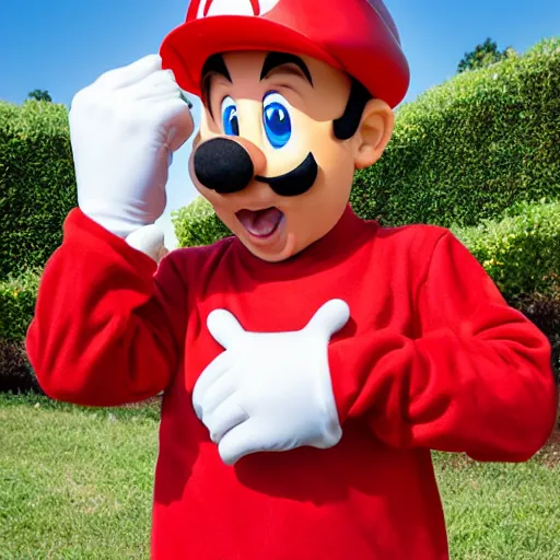 Image similar to man dressed in bootleg knockoff super mario bros. costume holding a red plastic mushroom standing in a yard.