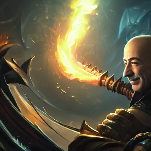 Image similar to portrait of jeff bezos burning money, league of legends amazing splashscreen artwork, splash art, natural light, elegant, photorealistic facial features, intricate, fantasy, detailed face, atmospheric lighting, anamorphic lens flare, cinematic lighting, league of legends splash art, hd wallpaper, ultra high details by greg rutkowski