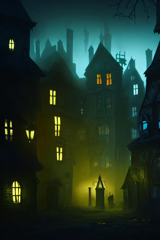 Image similar to a dark haunted village at night with glowing windows, shadows being casted, and silhouettes in the door way, hyper realistic, ambient lighting, concept art, intricate, hyper detailed, smooth, dynamic volumetric lighting, octane, raytrace, cinematic, high quality, high resolution, 4 k, artstation