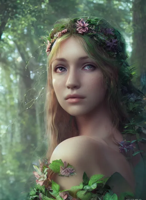 Image similar to portrait of a gorgeous fairy princess of the forest, 8k render, ultra realistic, cinematic lighting, artstation, Annie Leibovitz, artgerm