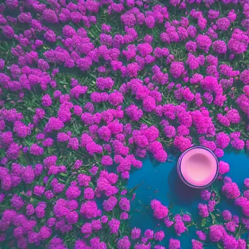 Prompt: pink perfume bottle sitting on the middle of a blue lake, close up shot, upfront, surrounded by pink flowers, blurred blue sky backround, softly - lit, soft - warm, zen, light, modern minimalist f 2 0 clean