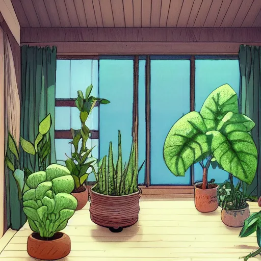 Prompt: room full of plants and little objects, in the style of studio ghiblis spirited away, key anime visuals