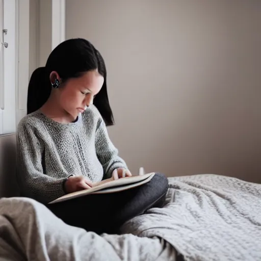 Image similar to Girl studying in her room while listening to music.