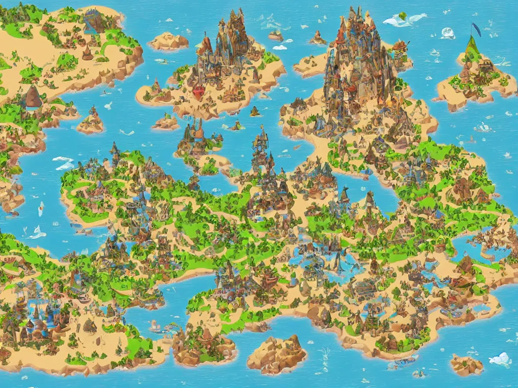 Image similar to an isometric disney fantasy map of a continent bordered by ocean