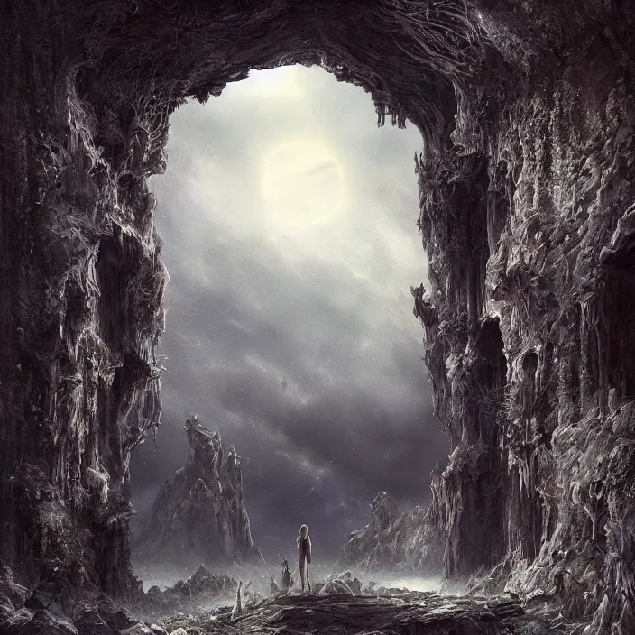 Image similar to gazing through a dark etherial stone archway to the void, pitch black night sky, quiet and serene atmosphere, intricate high detail matte painting masterpiece