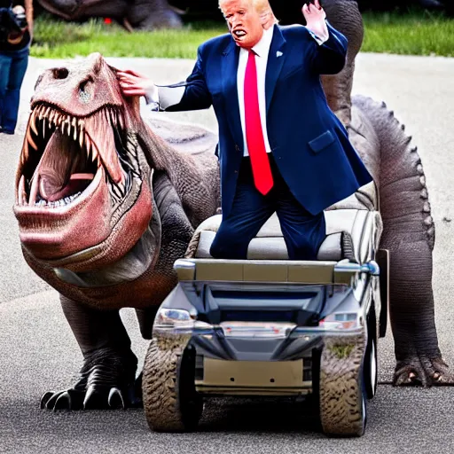 Image similar to Real professional photograph of Donald Trump riding a T-Rex