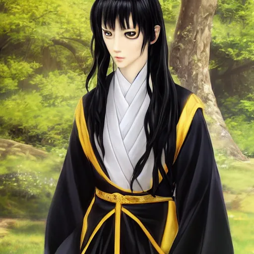 Image similar to a portrait of a young beautiful prince, golden eyes, long black hair, white hanfu, elegant, intricate, backlit, incredible lighting, strong rim light, subsurface scattering, photorealistic anime, epic beautiful landscape, cherry trees, highly detailed, digital painting, by Heise Jinyao, Heise-Lian Yan Fang, Feimo, Rossdraws, Sakimichan HDRI, vivid colors, high contrast, 8k