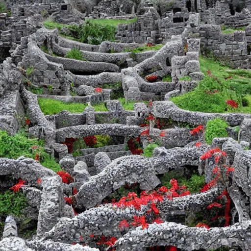 Prompt: the ruins of a giant village made out of stone, overgrown with red and black vines