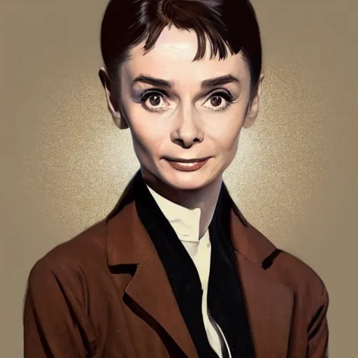 Image similar to a highly detailed epic cinematic concept art CG render digital painting artwork costume design: Audrey Hepburn as a mad scientist in a brown lab coat, with unkempt hair and crazy eyes. By Greg Rutkowski, Ilya Kuvshinov, WLOP, Stanley Artgerm Lau, Ruan Jia and Fenghua Zhong, trending on ArtStation, made in Maya, Blender and Photoshop, octane render, excellent composition, cinematic atmosphere, dynamic dramatic cinematic lighting, aesthetic, very inspirational, arthouse