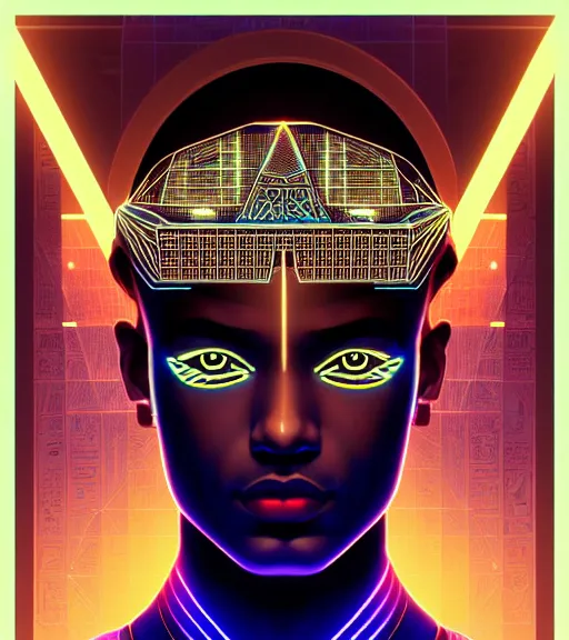 Image similar to symmetry!! egyptian prince of technology, solid cube of light, hard edges, product render retro - futuristic poster scifi, lasers and neon circuits, brown skin man egyptian prince, intricate, elegant, highly detailed, digital painting, artstation, concept art, smooth, sharp focus, illustration, dreamlike, art by artgerm