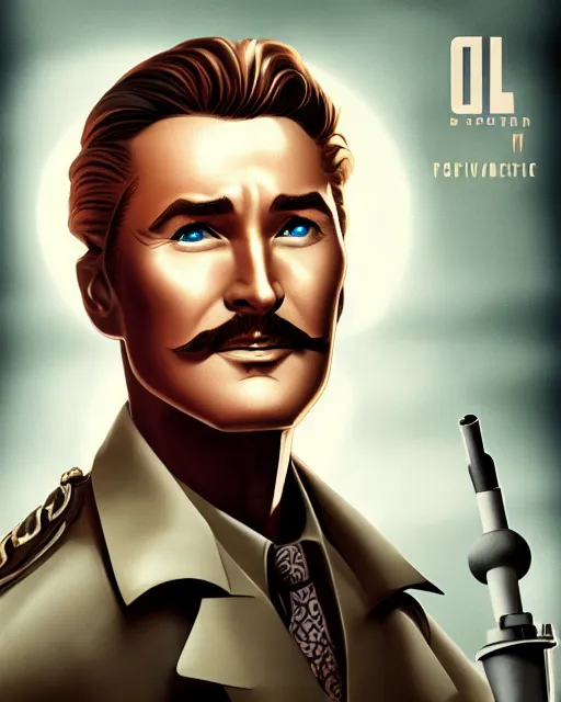 Image similar to Errol Flynn as a scientist. 1980s dystopian Soviet Russia, propaganda screens. Unreal engine, fantasy art by Loish. Faithfully depicted facial expression, perfect anatomy global illumination, radiant light, detailed and intricate environment