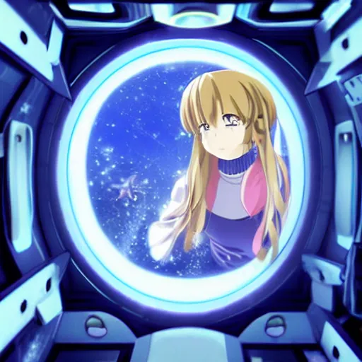 Prompt: an anime girl inside a spaceship looking out a window into space, anime style