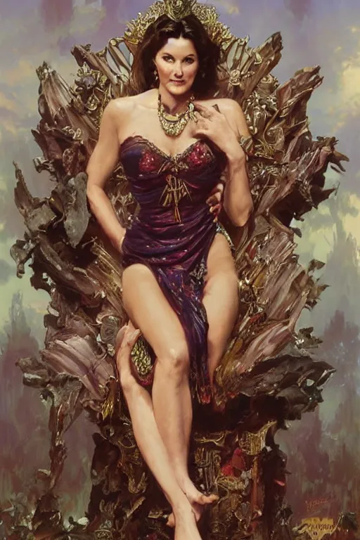 Image similar to young Lynda Carter sitting on a throne, portrait, fantasy, elegant, intricate, by Stanley Artgerm Lau, greg rutkowski, thomas kindkade, alphonse mucha, loish, norman Rockwell