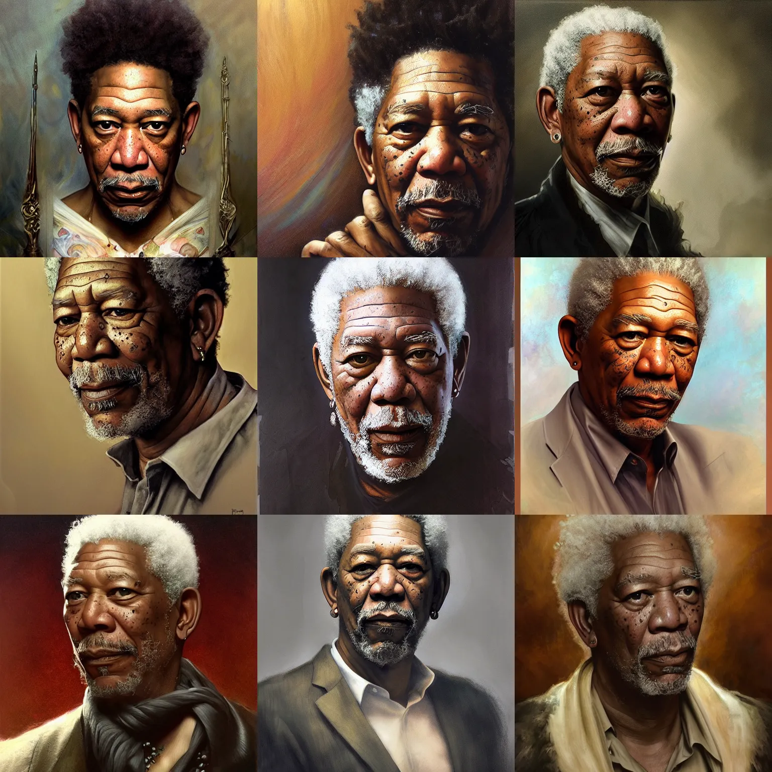 Prompt: Portrait of the Morgan Freeman, unreal, fantasy, intricate, elegant, dramatic, highly detailed, photorealistic, digital painting, painterly, artstation, concept art, smooth, sharp focus, art by John Collier and Krenz Cushart and Artem Demura and Alphonse Mucha and Albert Aublet