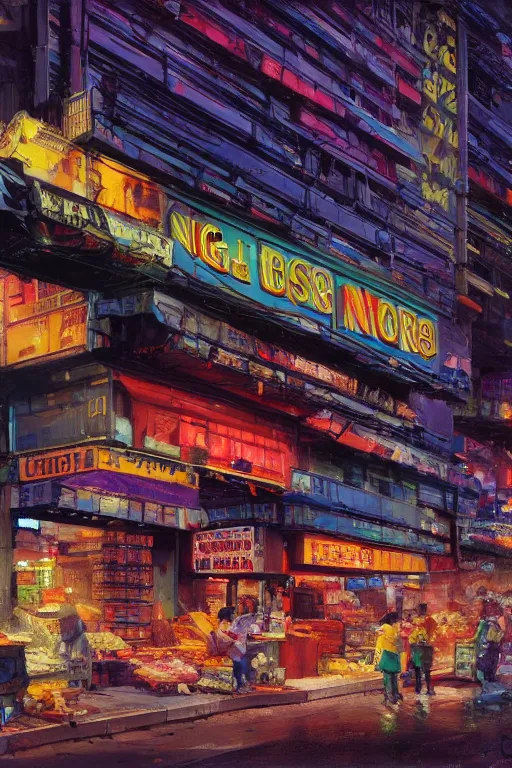 Image similar to a low angle shot of a food store at the base of a towering city, cyberpunk, neon lights, night, matte painting by John Berkey, 8k