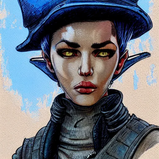 Image similar to intricate portrait, pure skin, 1 mm short blue hair, in the style of enki bilal!