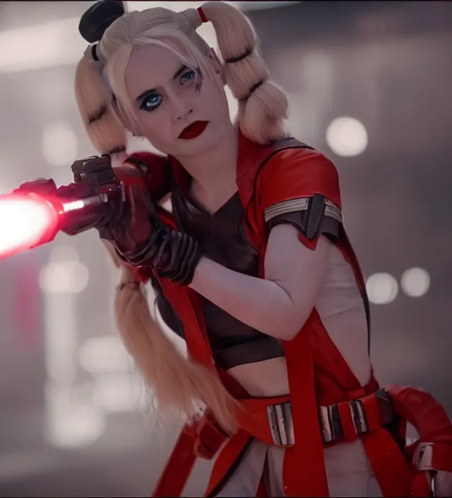 Prompt: harley quinn in star wars, movie still frame, hd, remastered, film grain, cinematic lighting