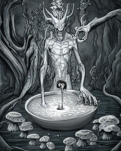 Image similar to a painting of a evil Nordic alien of pure evil, made in tones of white and grey, drinking liquid gold, in a wild mushroom fountain, bath like style, insanely detailed, loony toons style, isometric views, 8k