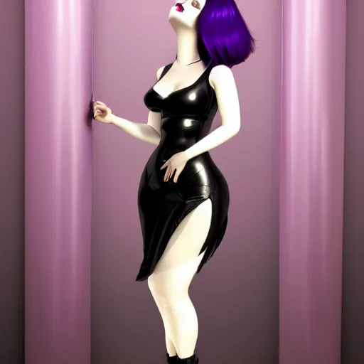 Image similar to a curvy feminine pale goth cutie in an elaborate purple-darkgrey latex-leather pleated tube dress, with a thin waist, cgsociety, photorealistic, sublime-comfy-elegant ambience, 16k, smooth, sharp focus, trending on ArtStation, volumetric lighting, fully clothed, worksafe
