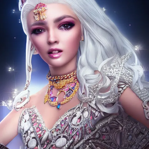 Image similar to portrait of pretty princess with white hair, beauty, ornate and intricate diamond jewelry, glowing, jaw dropping, ornate and intricate backdrop, white accent lighting, hyper detailed, 4 k octane render