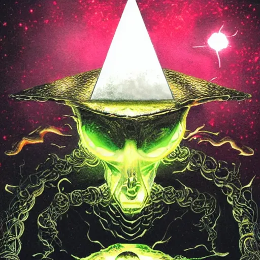 Image similar to an ominous luminous alien figure embedded within a pyramidal pyramidal platform decorated with filigree dust and hell chyness, hellish smoky doom scientists take their first taste of a universe full of mushrooms and