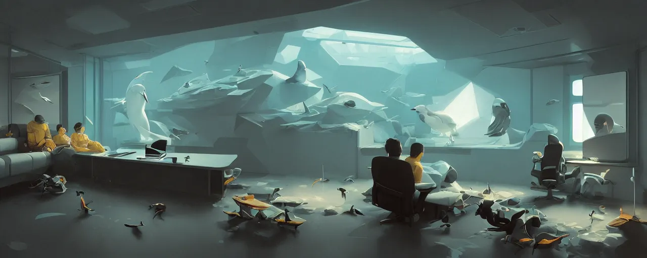 Image similar to duotone concept illustration of emperor penguins in modern computer room. cinematic scene. volumetric lighting. golden ratio accidental renaissance. by sachin teng and sergey kolesov and ruan jia and heng z. graffiti art, scifi, fantasy, hyper detailed. octane render. concept art. trending on artstation