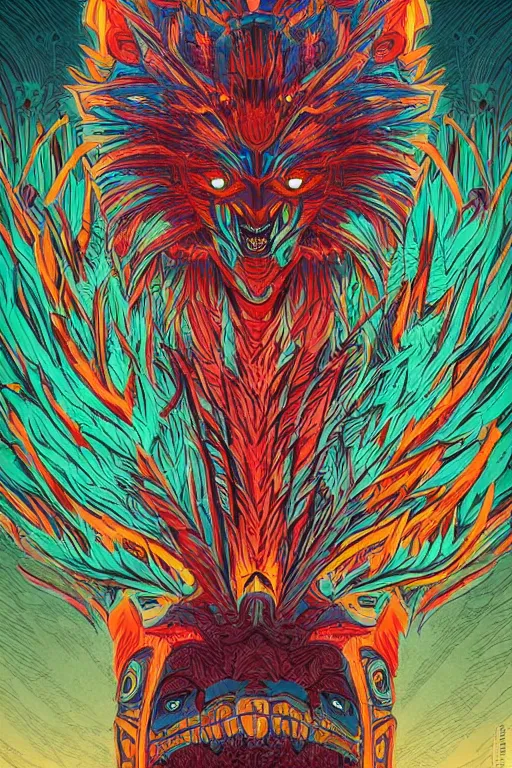 Image similar to totem animal tribal chaman vodoo mask feather gemstone plant video game illustration vivid color borderlands and by feng zhu and laurie greasley, victo ngai, andreas rocha, john harris radiating a glowing aura