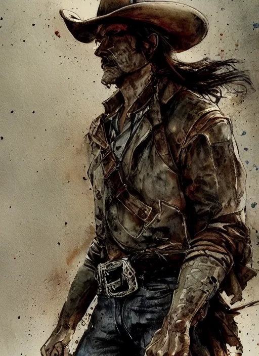 Image similar to portrait, a last stand of a cowboy, watercolor, dramatic lighting, cinematic, establishing shot, extremely high detail, foto realistic, cinematic lighting, pen and ink, intricate line drawings, by Yoshitaka Amano, Ruan Jia, Kentaro Miura, Artgerm, post processed, concept art, artstation, matte painting, style by eddie mendoza, raphael lacoste, alex ross