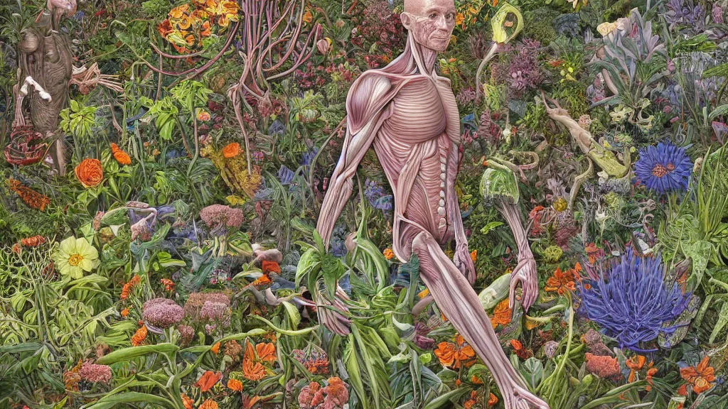 Image similar to highly detailed illustration of a single human anatomy body surrounded by all the known species of plants and flowers by juan gatti, by moebius!, by oliver vernon, by joseph moncada, by damon soule, by manabu ikeda, by kyle hotz, by dan mumford, by kilian eng