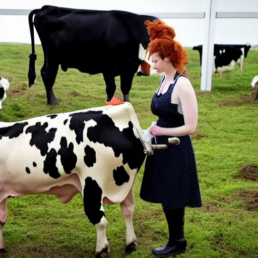 Image similar to christina hendricks milking cow in farm,