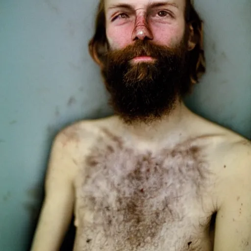 Image similar to far view, in british museum, extremely skinny malnourished redneck white male with long beard, wearing dirty overalls, dirty greasy face, grin, portrait, close up, kodak gold 2 0 0, 5 0 mm,