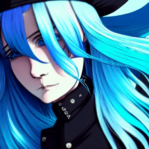 Prompt: low - angle shot from behind of a long light blue - haired girl in a blue tailcoat with a scabbard, combat boots, noir, screenshot, sharp focus, intricate, illustration, cell shaded, digital painting, highly detailed, straight hair, art by ilya kuvshinov, wlop, shutterstock, greg rutkowski, studio quality, james jean