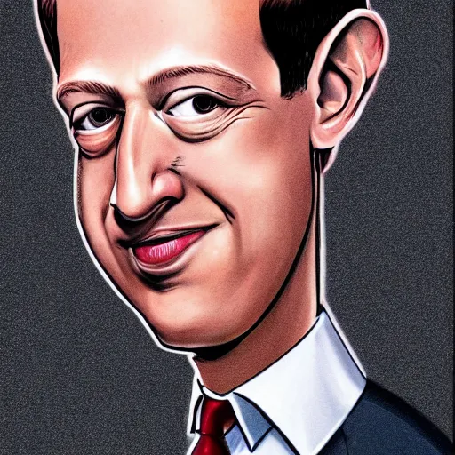 Image similar to a caricature portrait of Mark Zuckerberg drawn by Mort Drucker Mad Magazine