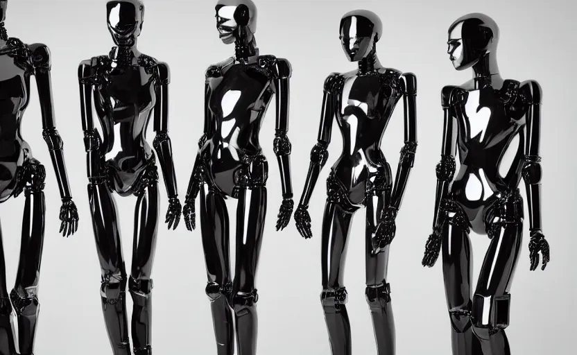 Image similar to gleaming black construction robots designed by alexander mcqueen, award winning fashion photography, beautiful soft lighting