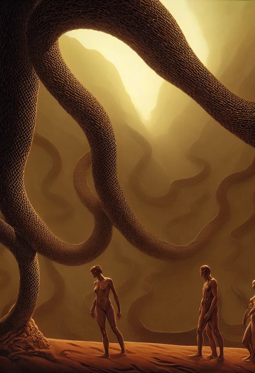 Prompt: a close up of Adam and Eve in Dune with the tree of life, the snake is surrounding them, beautiful dramatic moody lighting, cinematic atmosphere, high detail, 8k, ornate, dark fantasy, masterpiece, complex, a tropical garden world by Ralph McQuarrie| sparth:.2 | Tim white:.4 | Rodney Mathews:.2 | Graphic Novel, Visual Novel, Colored Pencil, Comic Book:.2