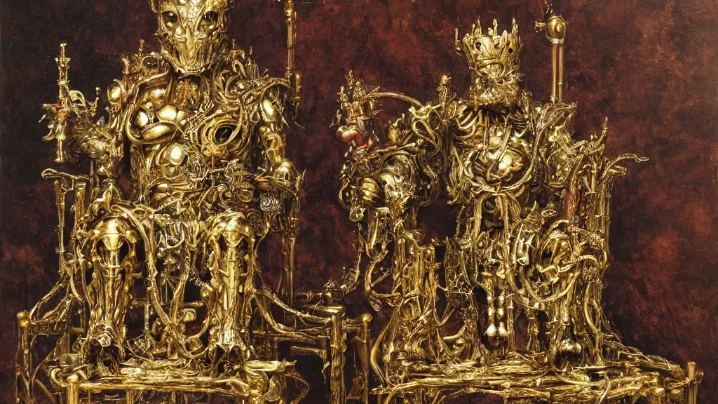 Prompt: a posthuman king made of brass sitting on a throne, by yoshitaka amano, oil paint, a regal court setting