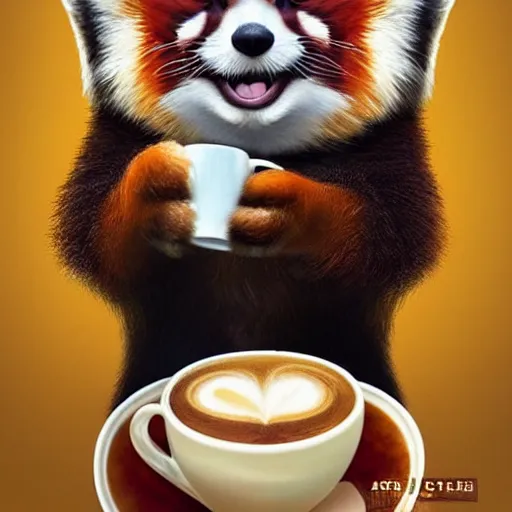 Prompt: anthropomorphic red panda drinking coffee in a cafe, character art, painting, trending on artstation