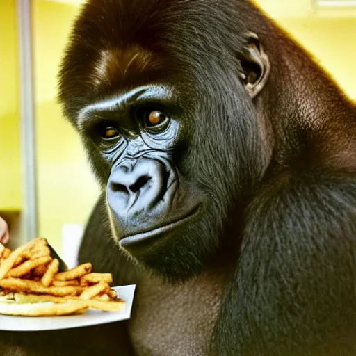 Prompt: 35mm photo of a gorilla eating a burger inside a McDonald's joint