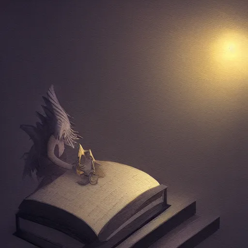 Image similar to light falling on a mythical book in dark background, dark color scheme, artstation