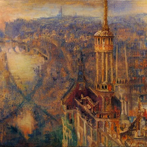 Prompt: a dream city in the style of gustave moreau, fernand keller, oil on canvas, musee d'orsay