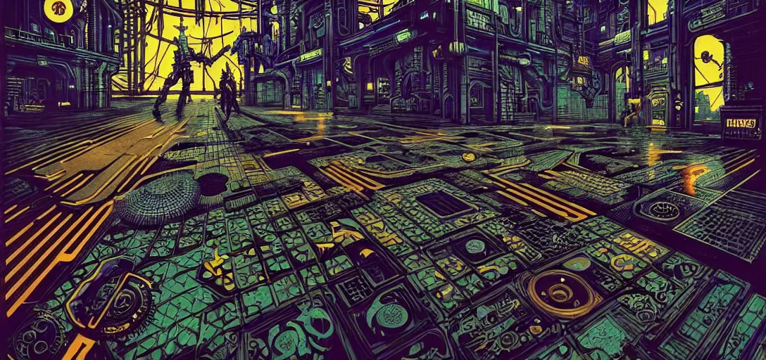 Image similar to cyberpunk steampunk tiled floor, 1 - point perspective, high details, bold line art, by vincent di fate and joe fenton, inking, screen print, masterpiece, trending on artstation, sharp, high contrast, hyper - detailed,, hd, 4 k, 8 k