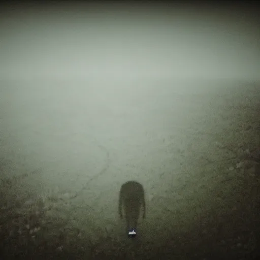 Prompt: drone photo of some kind of humanoid cryptid, digital photography, found footage, noisy, ominous, strange, foggy