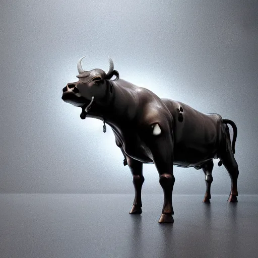 Image similar to cyberpunk cow statue, rain, space, galaxy, octane render, hyperrealism