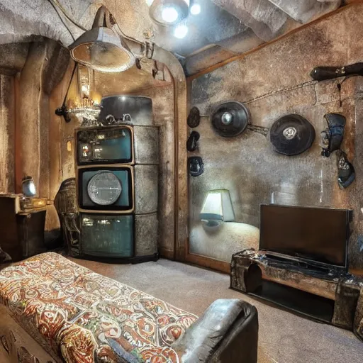 Image similar to A room with a large turned off TV, steampunk furniture, wallpaper on the walls, highly detailed, high definition, sharp focus,