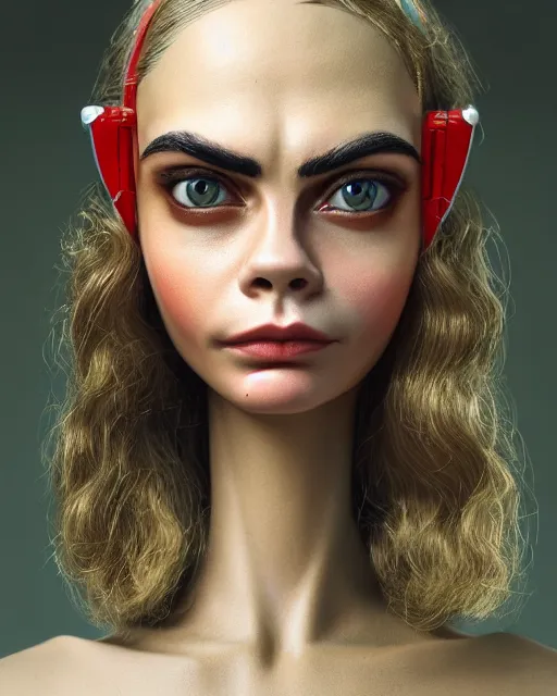 Prompt: closeup face profile portrait of cara delevingne as a tin toy soviet chernobyl space rabbit, bikini, depth of field, zeiss lens, detailed and intricate environment, fashion photoshoot by nicoletta ceccoli, mark ryden, lostfish, breathtaking, 8 k resolution, artistic, hyperrealistic, octane render