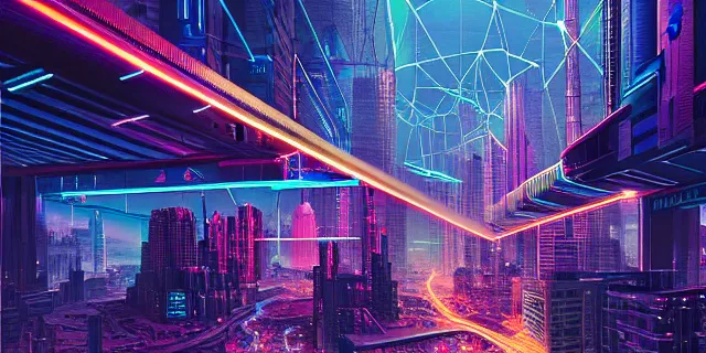 Prompt: glowing chains of interconnected network of technological cubes, in the middle of a futuristic cyberpunk dubai city, in the art style of dan mumford and marc simonetti, atmospheric lighting, intricate, volumetric lighting, beautiful, sharp focus, ultra detailed