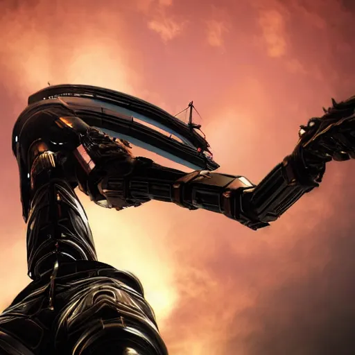 Image similar to worm's eye view from the floor, looking up, at a highly detailed 300 foot tall giant exquisite beautiful female warframe, as an anthropomorphic robot dragon, posing elegantly over your tiny form, camera looking up from the ground, at the beach on a sunset, sleek streamlined design, streamlined matte black armor, sharp detailed claws, detailed sharp robot dragon feet, giantess shot, upward shot, ground view shot, front shot, cinematic shot, high quality warframe fanart, captura, realistic, professional digital art, high end digital art, furry art, giantess art, anthro art, DeviantArt, artstation, Furaffinity, 8k HD render, epic lighting