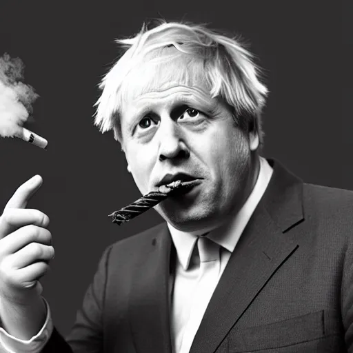 Image similar to medium shot photo of Boris Johnson with a joint in his mouth with smoke coming out, 4k, ultra HD