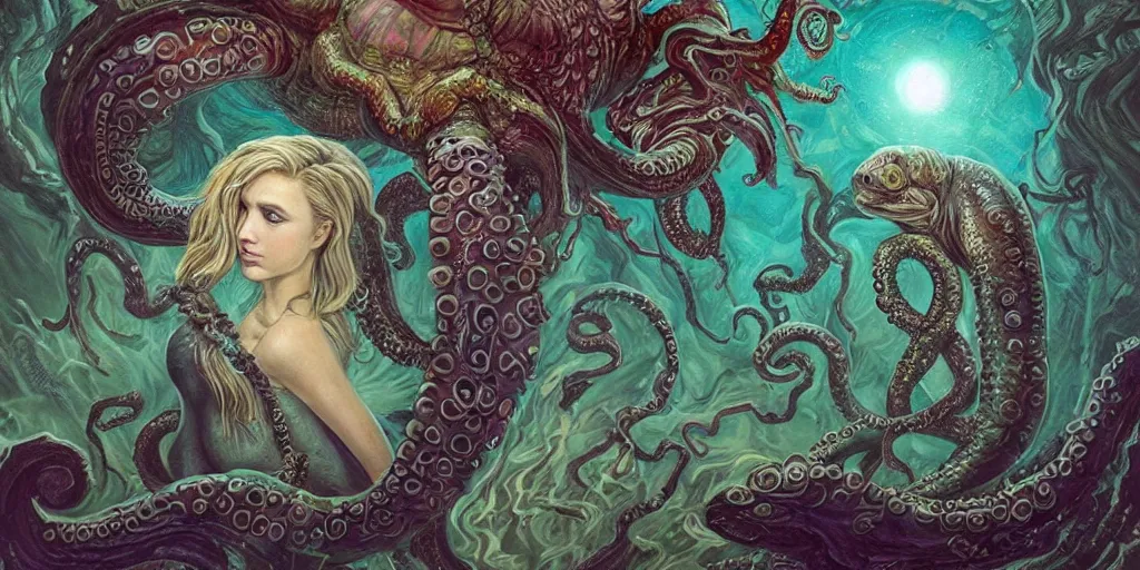 Image similar to Fantasy fairytale style portrait painting, Great Leviathan Turtle, cephalopod, Cthulhu Squid, hybrid, Mythic Island, center Universe, accompany Cory Chase, Blake Lively, Anya_Taylor-Joy, Grace Moretz, Halle Berry, Mystical Valkyrie, Anubis-Reptilian, Atlantean Warrior, hybrid, intense fantasy atmospheric lighting, hyperrealistic, William-Adolphe Bouguereau, François Boucher, Michael Cheval, Oil Painting, Cozy, hot springs hidden Cave, candlelight, natural light, lush plants and flowers, Spectacular Mountains, bright clouds, luminous stellar sky, outer worlds, Jessica Rossier, michael whelan, Solar Flare HD,